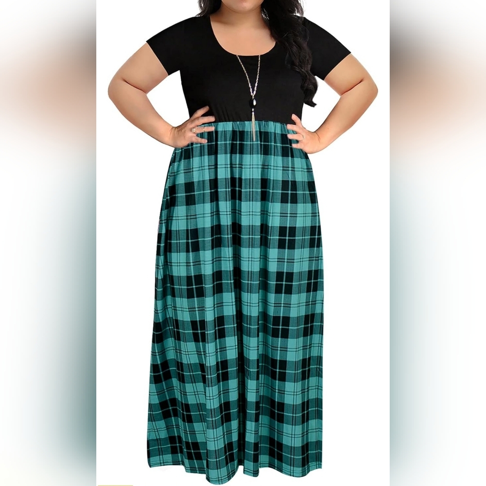 Plus Size Grid Print Summer Short Sleeve Maxi Dress